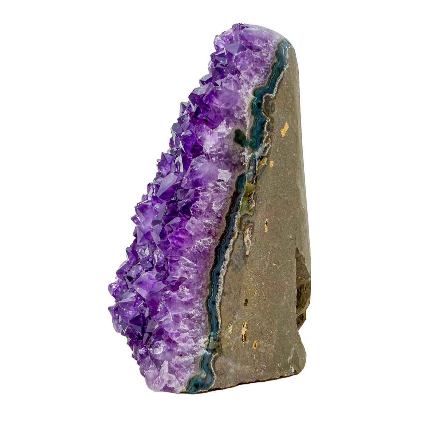 Angled three-quarter view of AA amethyst geode no. 118, 3.59 inches across the polished face, natural and untreated.