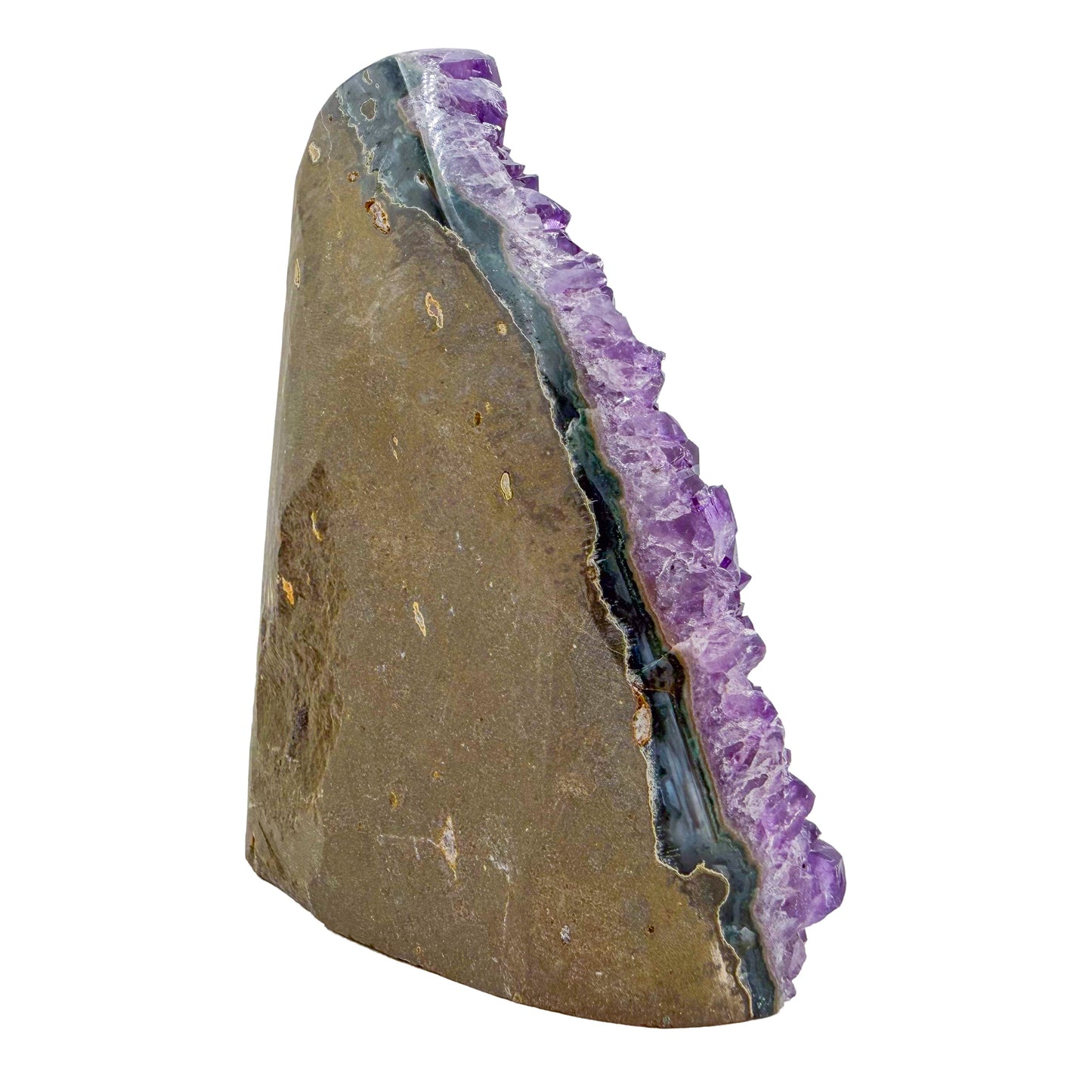 AA-grade amethyst polished geode no. 118 from Artigas, Uruguay, right profile, violet druzy interior on a cut base, 4.66 inches tall.