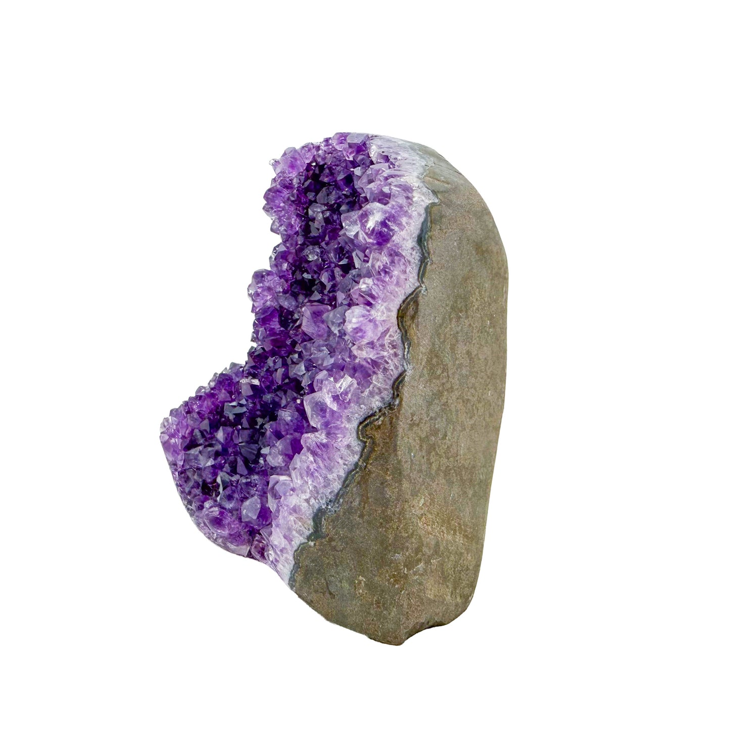Uruguayan amethyst geode no. 119 at the angled three-quarter view, violet crystal interior framed by its polished agate shell, 1.23 lb.