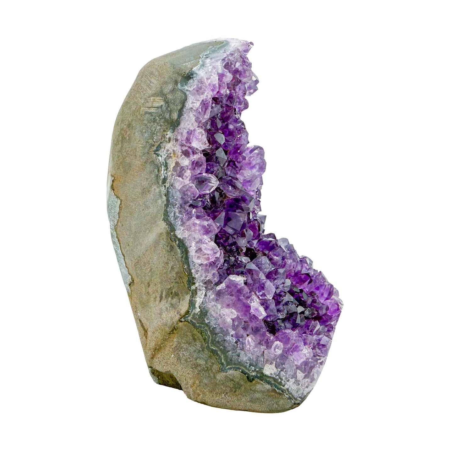 Right profile of a 1.23 pound amethyst geode, no. 119, deep purple crystal lining a polished grey agate rind.