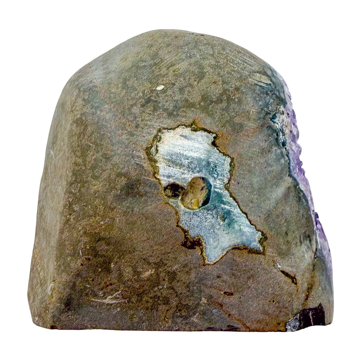 The top-down view of amethyst geode no. 119, 3.46 inches of violet druzy standing on a flat cut base.