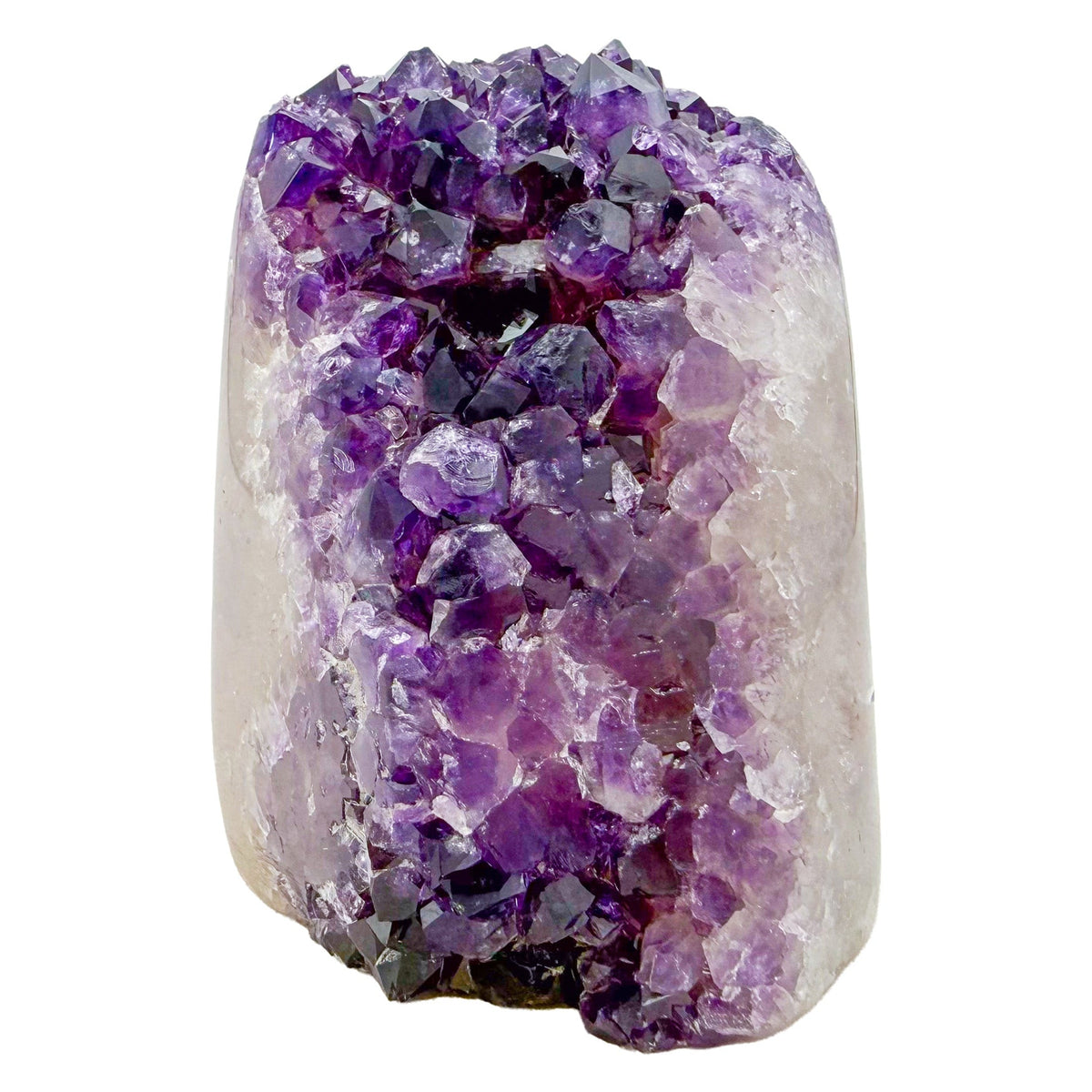 Uruguayan amethyst geode no. 120 at the primary crystal face, violet crystal interior framed by its polished agate shell, 1.57 lb.