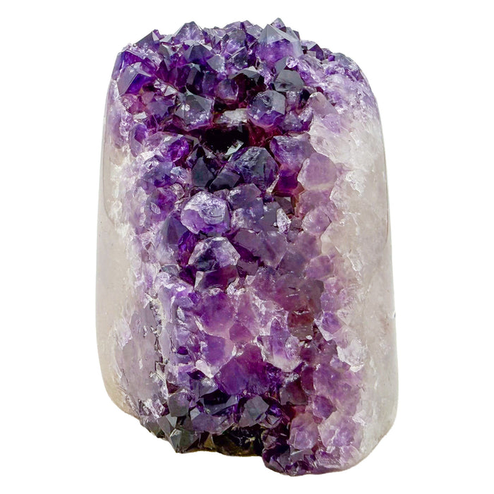 Uruguayan amethyst geode no. 120 at the primary crystal face, violet crystal interior framed by its polished agate shell, 1.57 lb.
