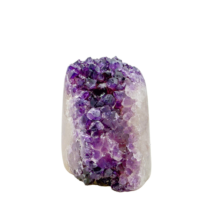 Uruguayan amethyst geode no. 120 at the primary crystal face, violet crystal interior framed by its polished agate shell, 1.57 lb.