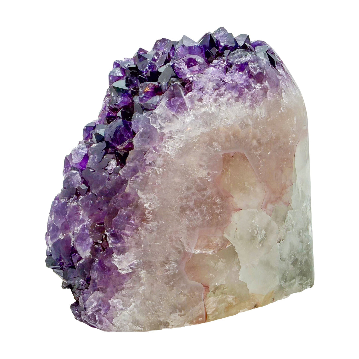 AA-grade amethyst polished geode no. 120 from Artigas, Uruguay, angled three-quarter view, violet druzy interior on a cut base, 3.26 inches tall.