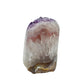 Left profile of a 1.57 pound amethyst geode, no. 120, deep purple crystal lining a polished grey agate rind.
