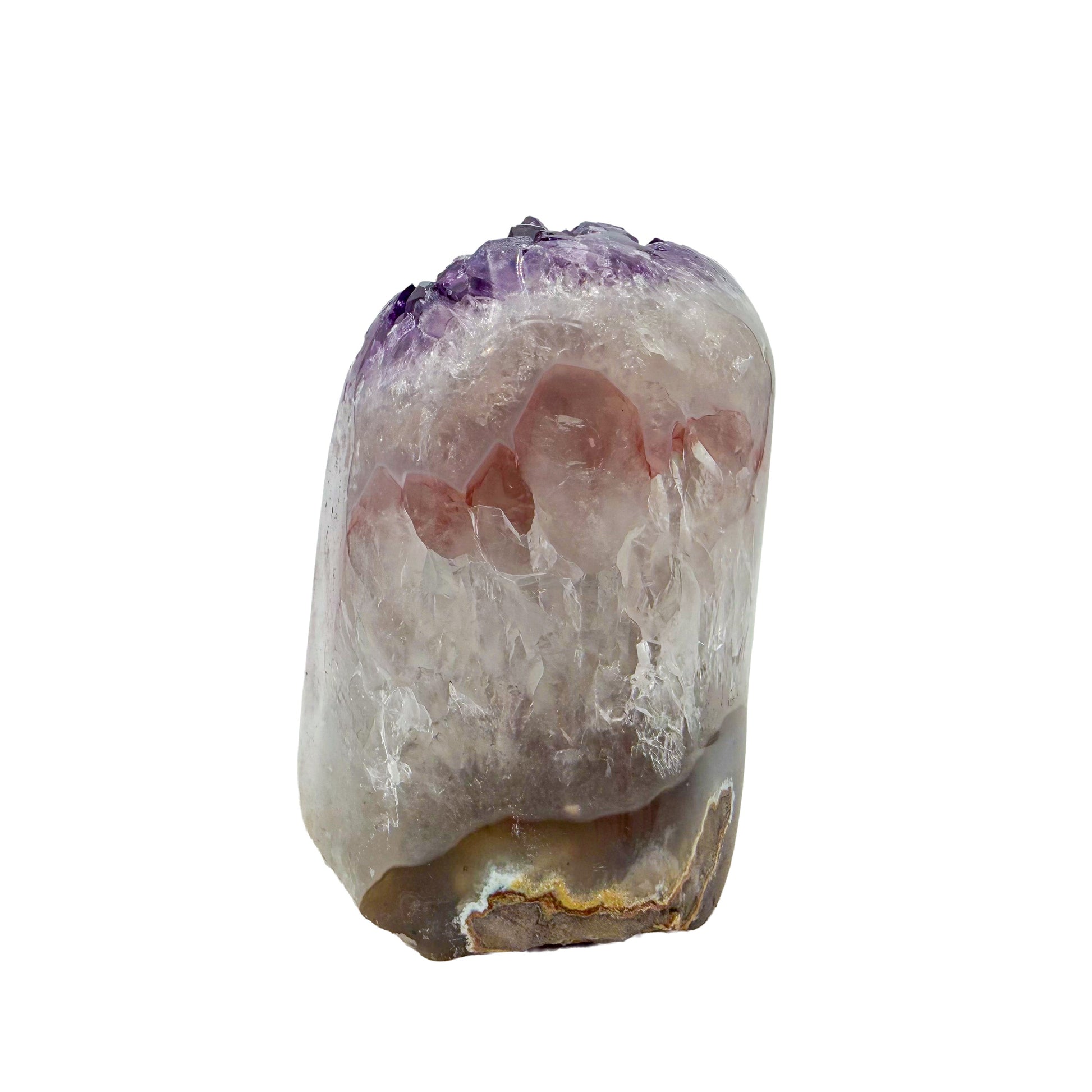 Left profile of a 1.57 pound amethyst geode, no. 120, deep purple crystal lining a polished grey agate rind.