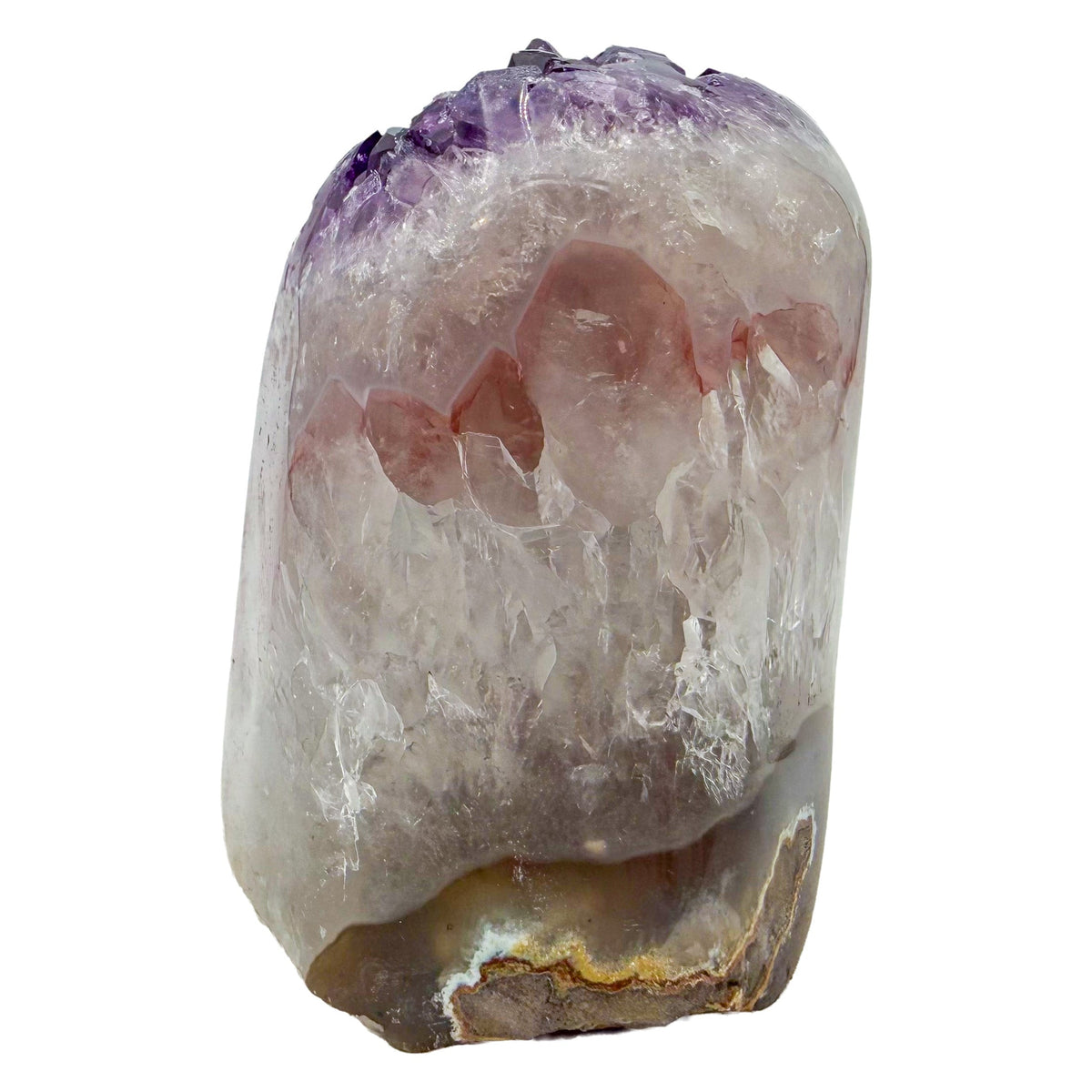 Left profile of a 1.57 pound amethyst geode, no. 120, deep purple crystal lining a polished gray agate rind.
