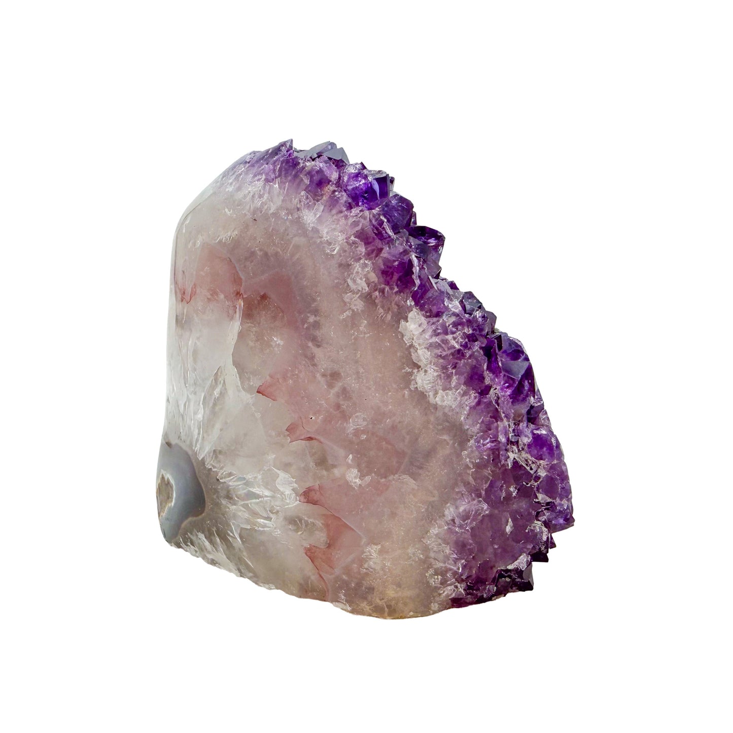 Polished amethyst geode no. 120 photographed at the right profile, measuring 3.36 by 2.47 by 3.26 inches, Uruguayan AA grade.