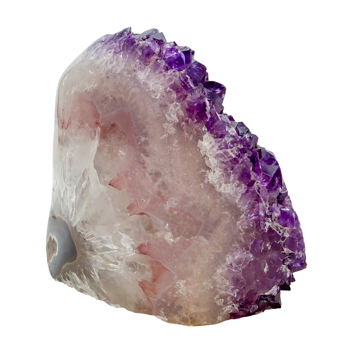 Polished amethyst geode no. 120 photographed at the right profile, measuring 3.36 by 2.47 by 3.26 inches, Uruguayan AA grade.
