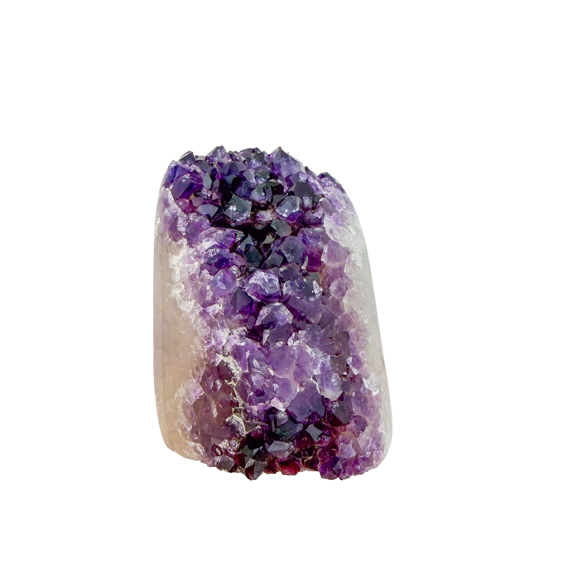 The reverse side of amethyst geode no. 120, 3.26 inches of violet druzy standing on a flat cut base.