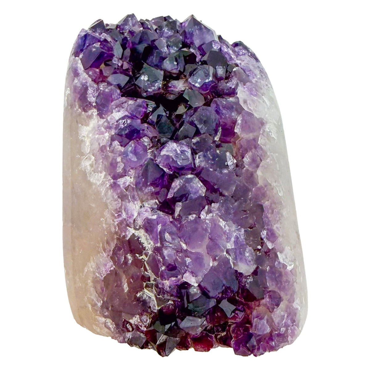 The reverse side of amethyst geode no. 120, 3.26 inches of violet druzy standing on a flat cut base.