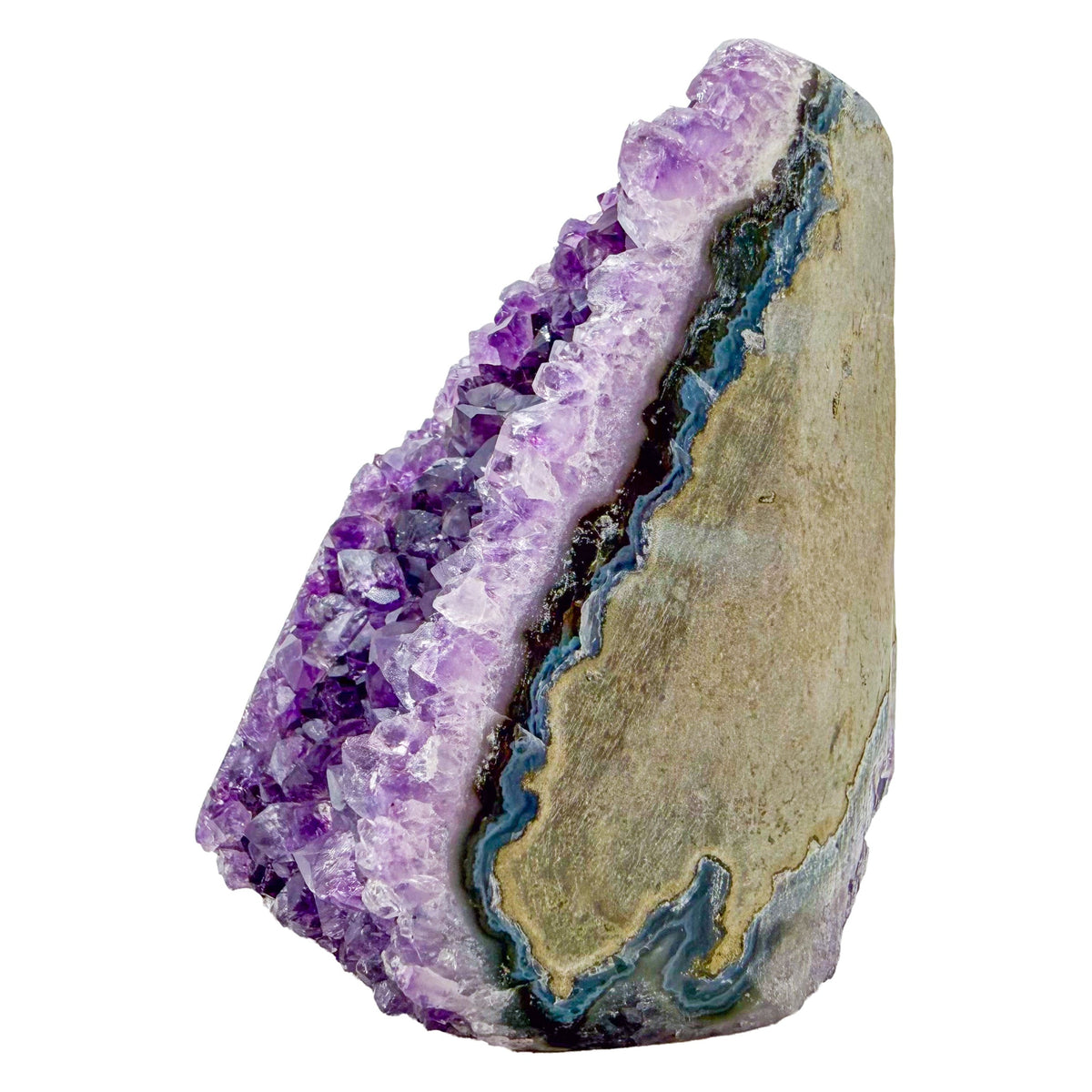 Angled three-quarter view of a 1.55 pound amethyst geode, no. 121, deep purple crystal lining a polished gray agate rind.
