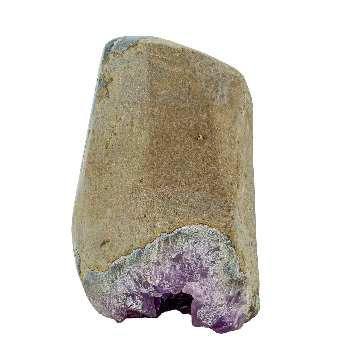 Polished amethyst geode no. 121 photographed at the left profile, measuring 3.01 by 2.94 by 4.02 inches, Uruguayan AA grade.