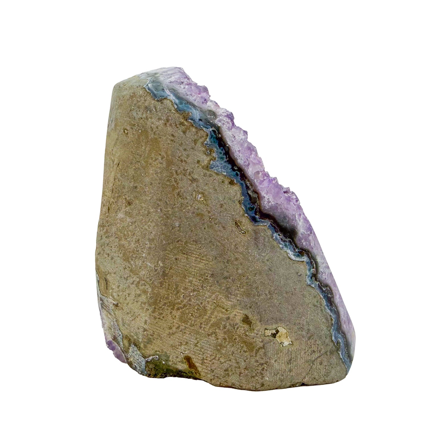 The right profile of amethyst geode no. 121, 4.02 inches of violet druzy standing on a flat cut base.
