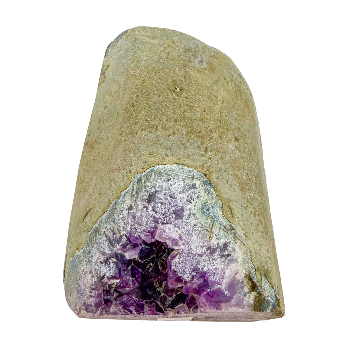 Top-down view of AA amethyst geode no. 121, 3.01 inches across the polished face, natural and untreated.