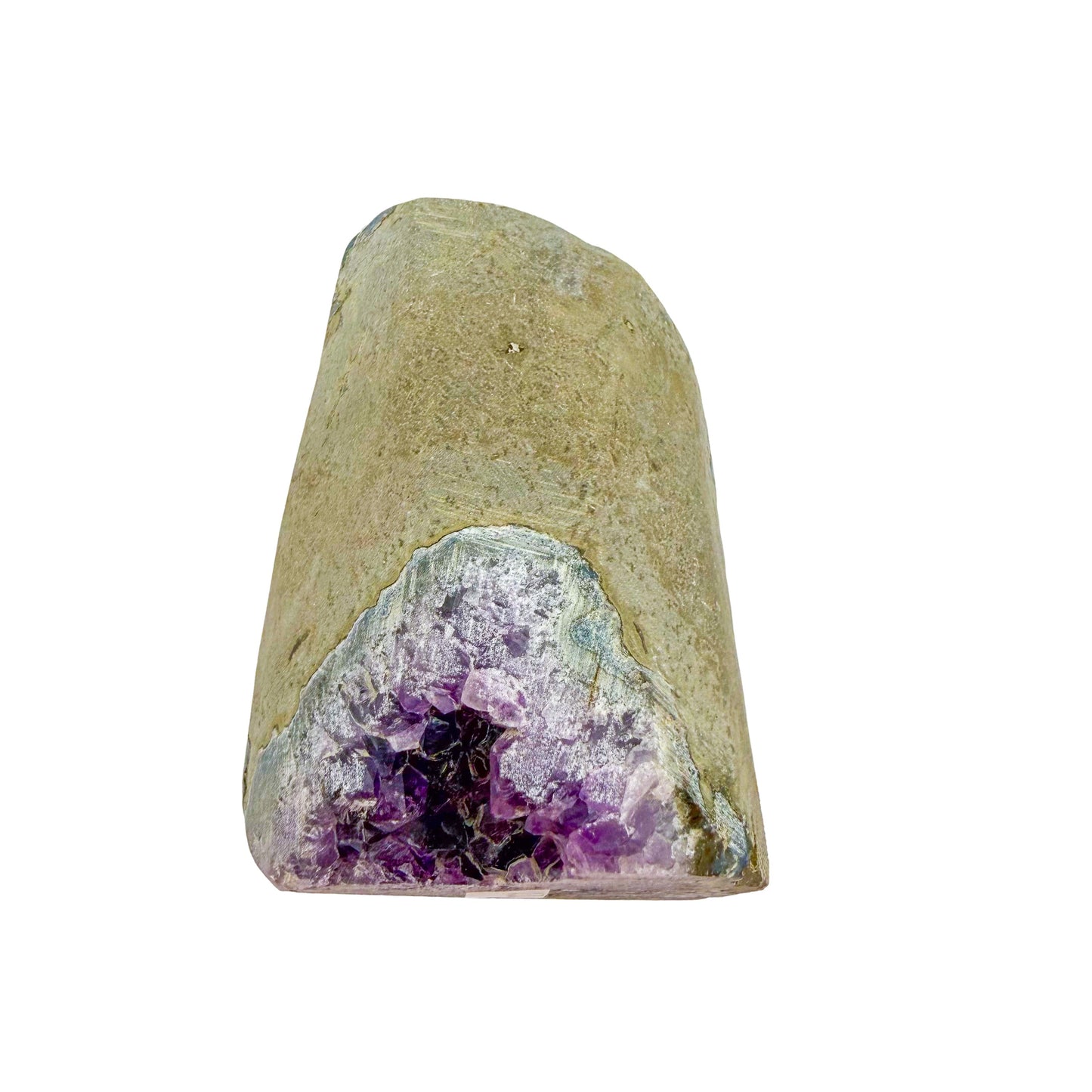 Top-down view of AA amethyst geode no. 121, 3.01 inches across the polished face, natural and untreated.