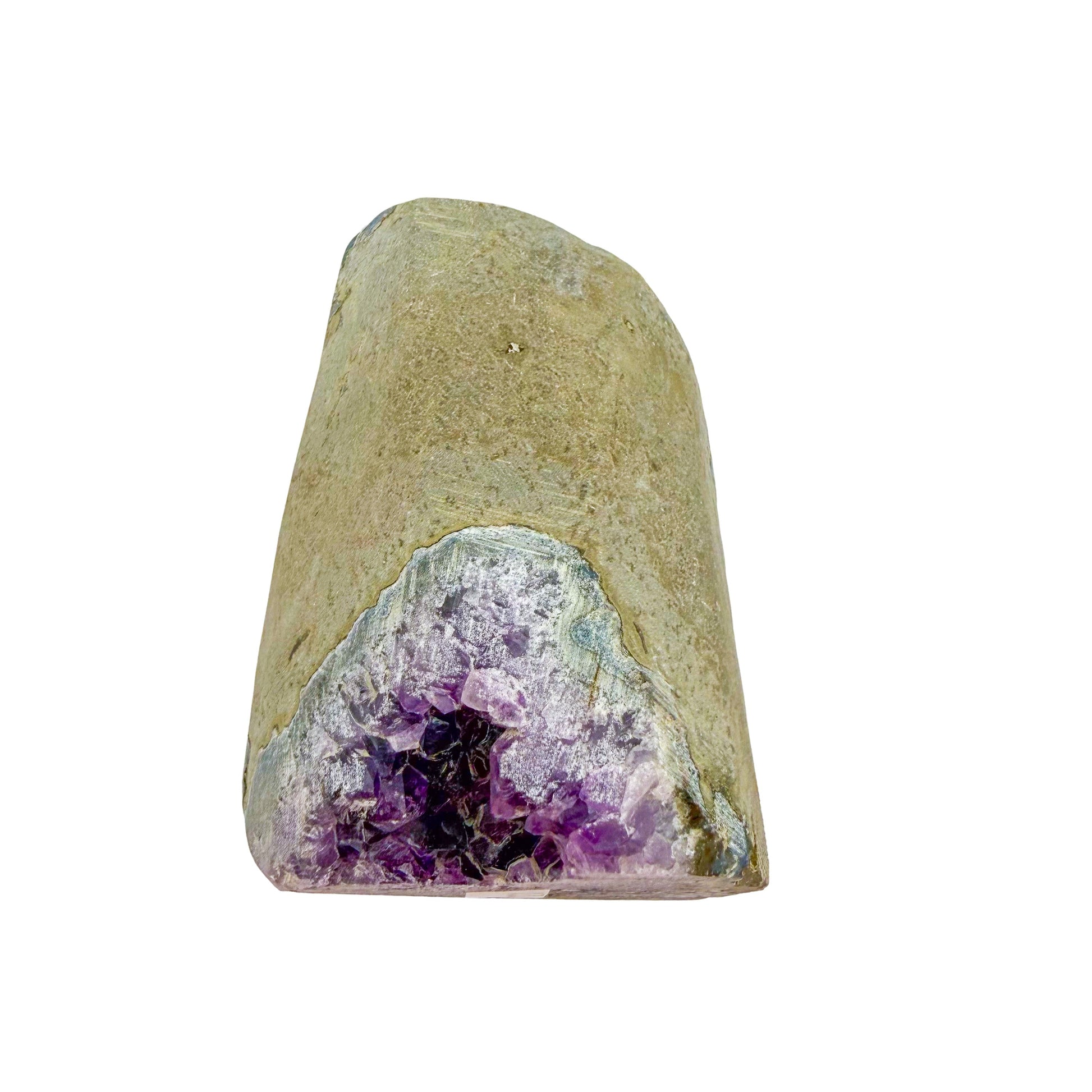Top-down view of AA amethyst geode no. 121, 3.01 inches across the polished face, natural and untreated.