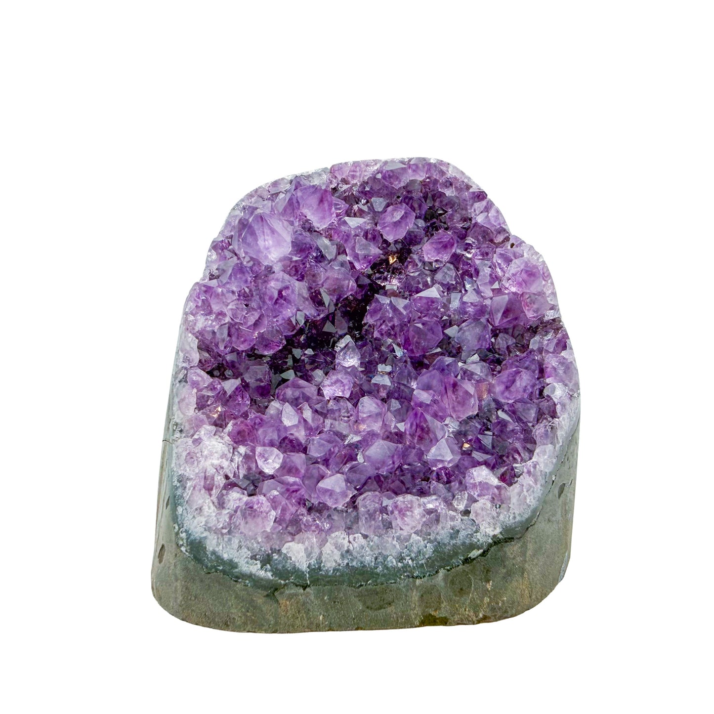 Primary crystal face of a 1.74 pound amethyst geode, no. 122, deep purple crystal lining a polished grey agate rind.