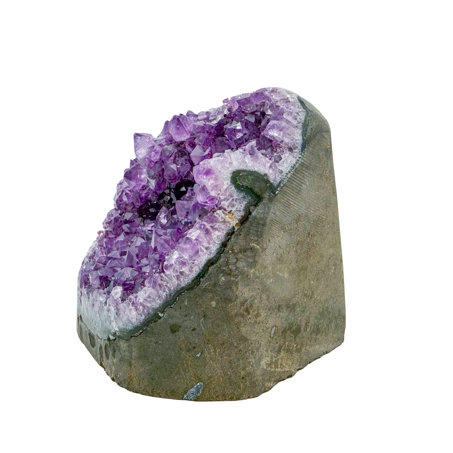 Polished amethyst geode no. 122 photographed at the angled three-quarter view, measuring 3.35 by 3.35 by 3.28 inches, Uruguayan AA grade.