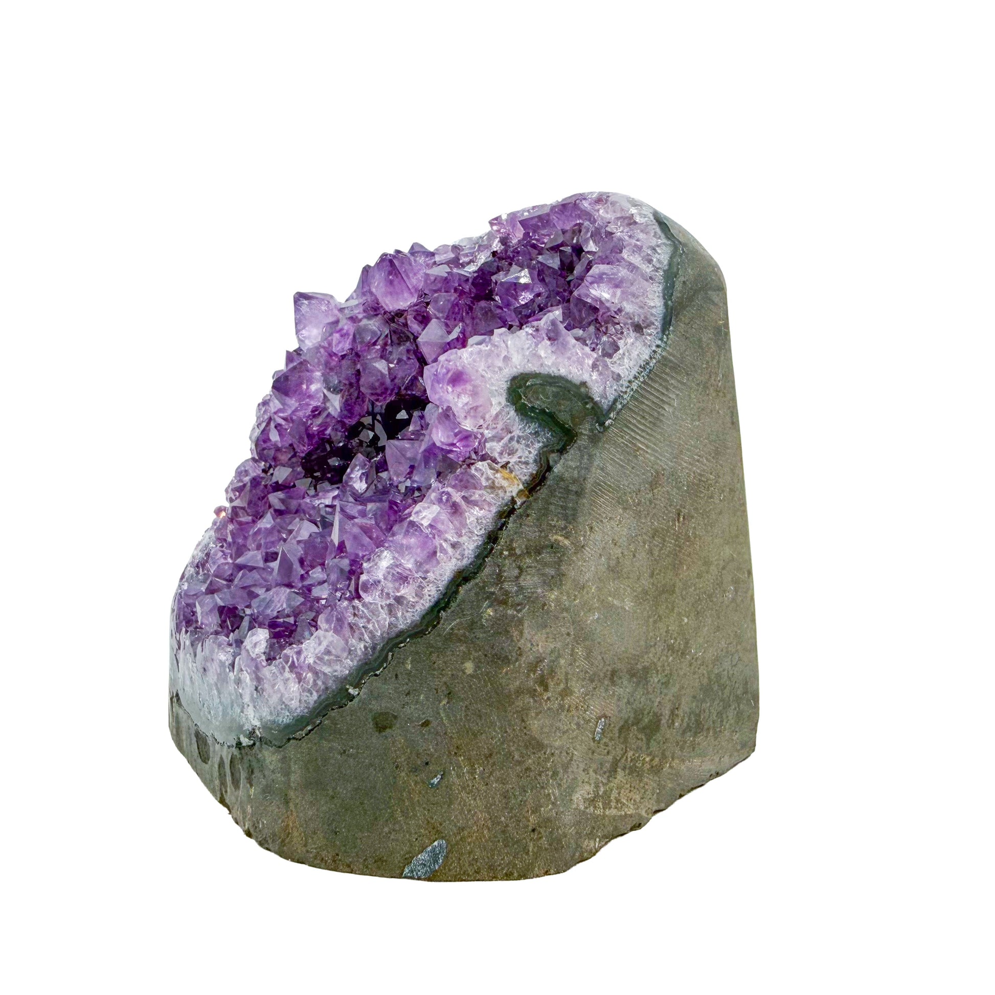Polished amethyst geode no. 122 photographed at the angled three-quarter view, measuring 3.35 by 3.35 by 3.28 inches, Uruguayan AA grade.