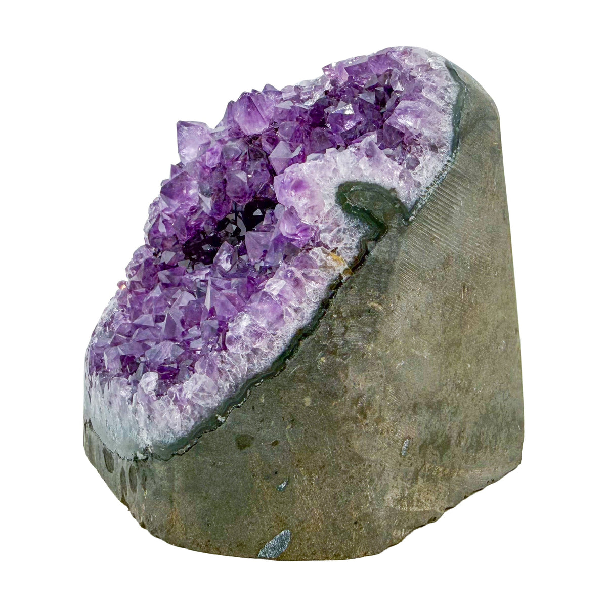 Polished amethyst geode no. 122 photographed at the angled three-quarter view, measuring 3.35 by 3.35 by 3.28 inches, Uruguayan AA grade.