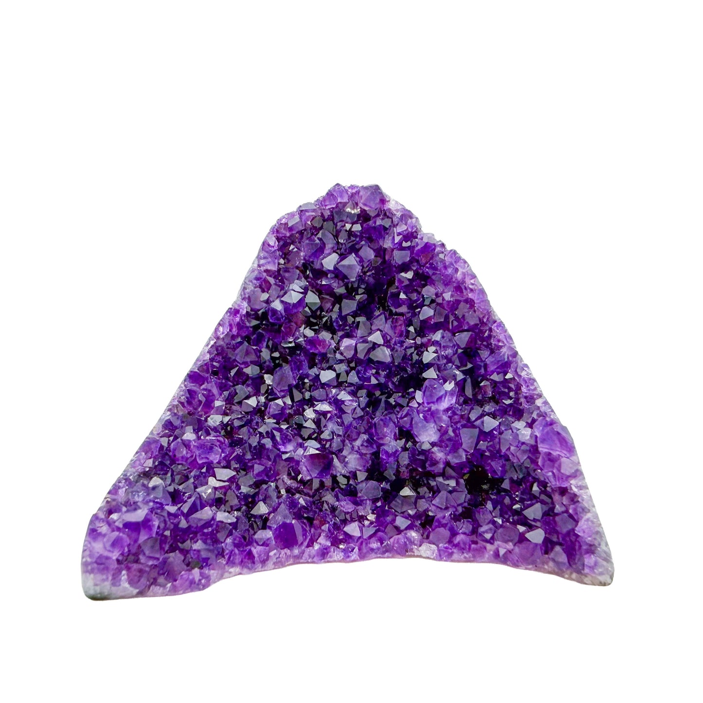 Polished amethyst geode no. 123 photographed at the primary crystal face, measuring 3.37 by 2.57 by 2.92 inches, Uruguayan AA grade.