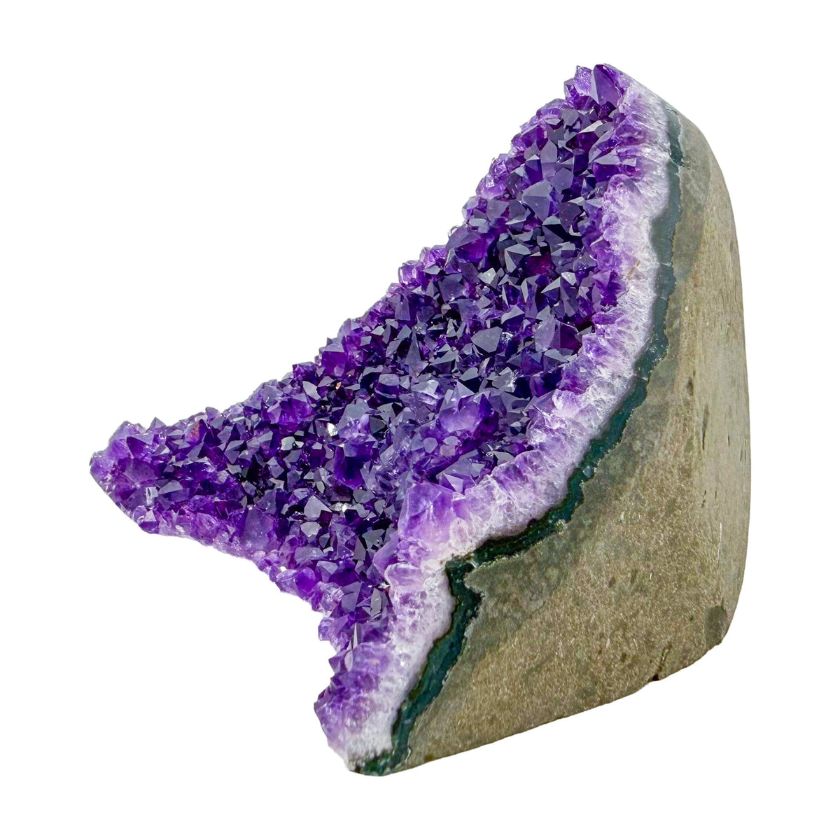 The angled three-quarter view of amethyst geode no. 123, 2.92 inches of violet druzy standing on a flat cut base.