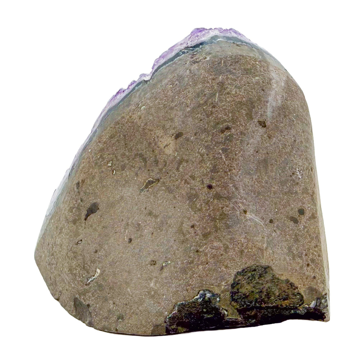 Amethyst cathedral geode no. 123 seen from the left profile, 1.00 lb of purple quartz crystal from Artigas, Uruguay.