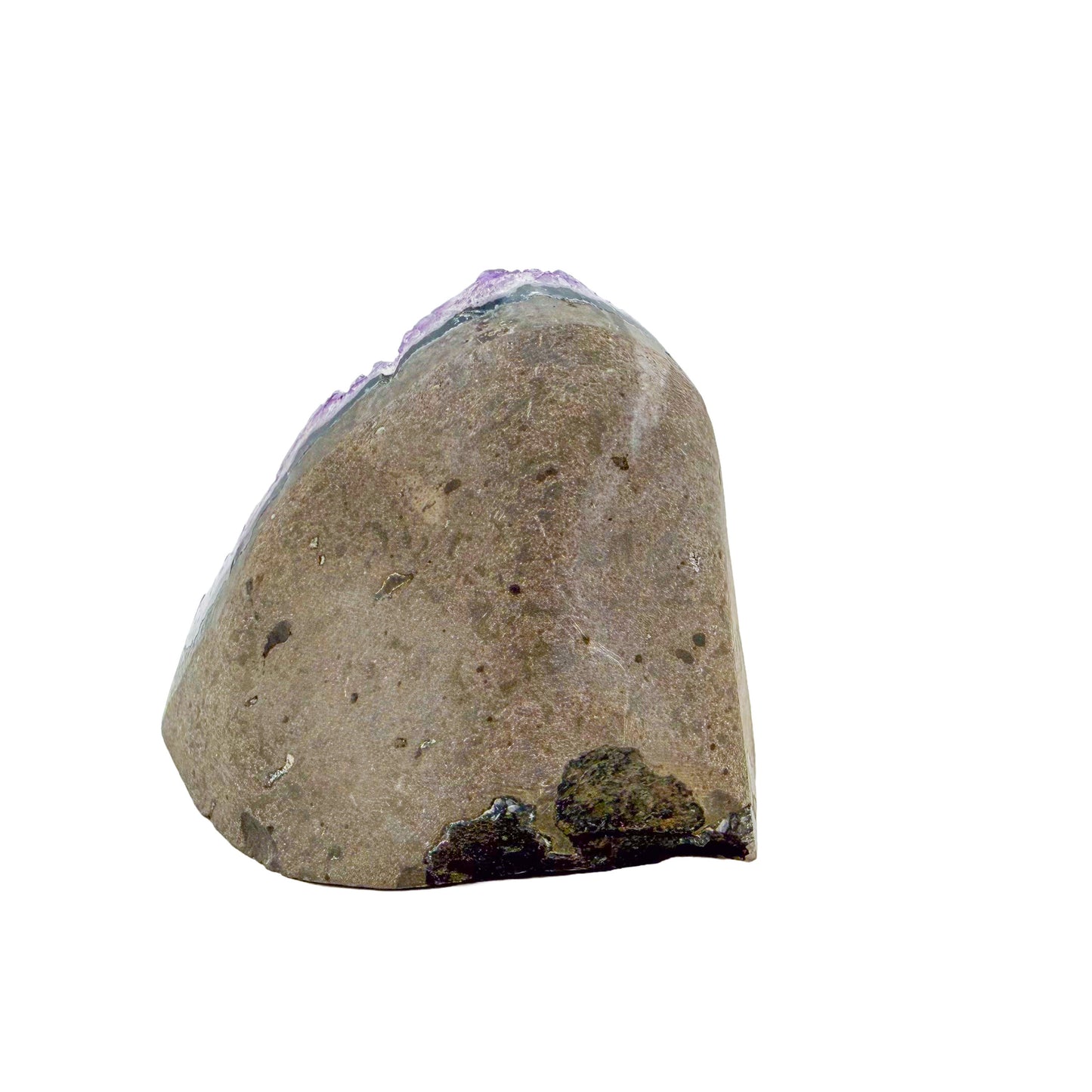 Amethyst cathedral geode no. 123 seen from the left profile, 1.00 lb of purple quartz crystal from Artigas, Uruguay.