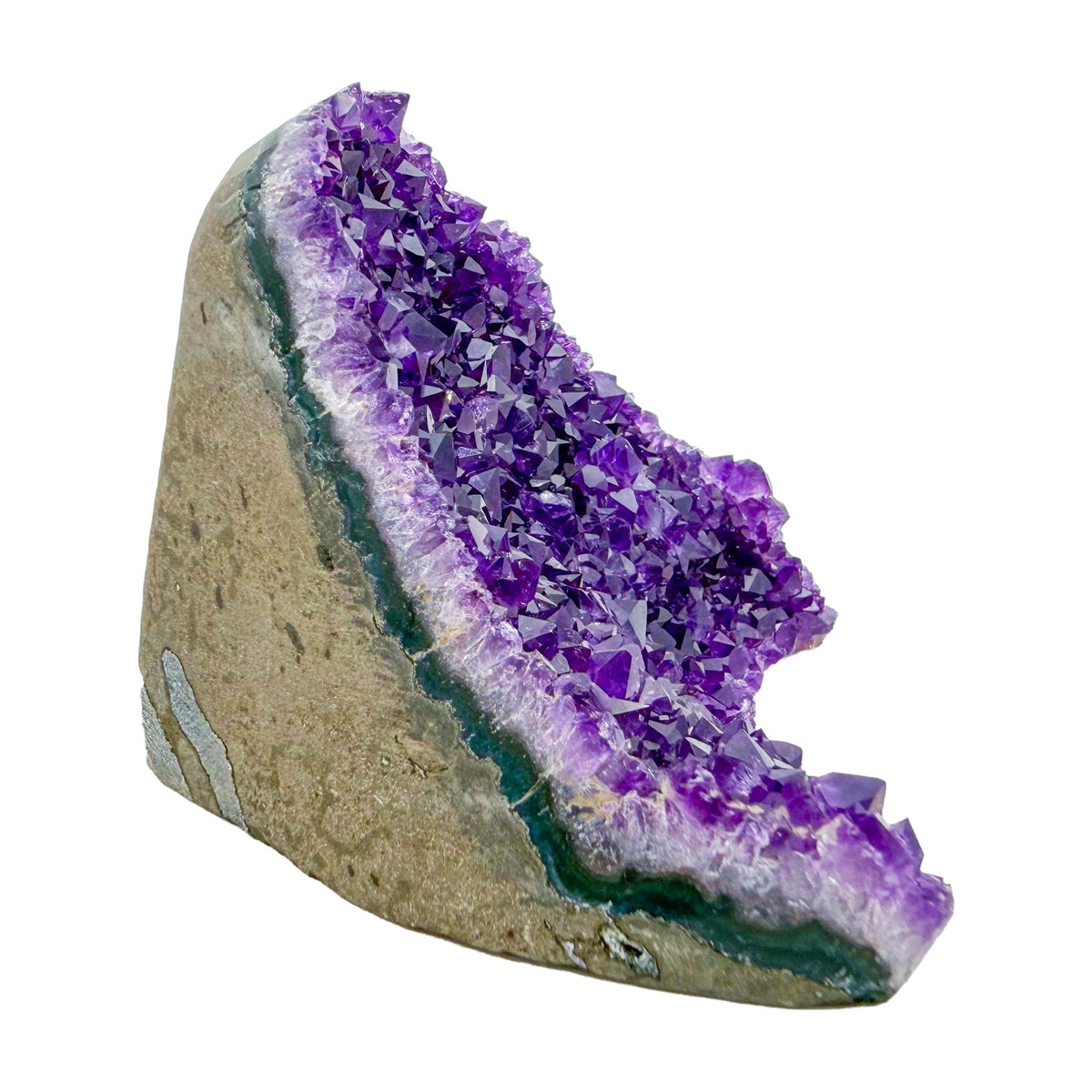 Right profile of AA amethyst geode no. 123, 3.37 inches across the polished face, natural and untreated.