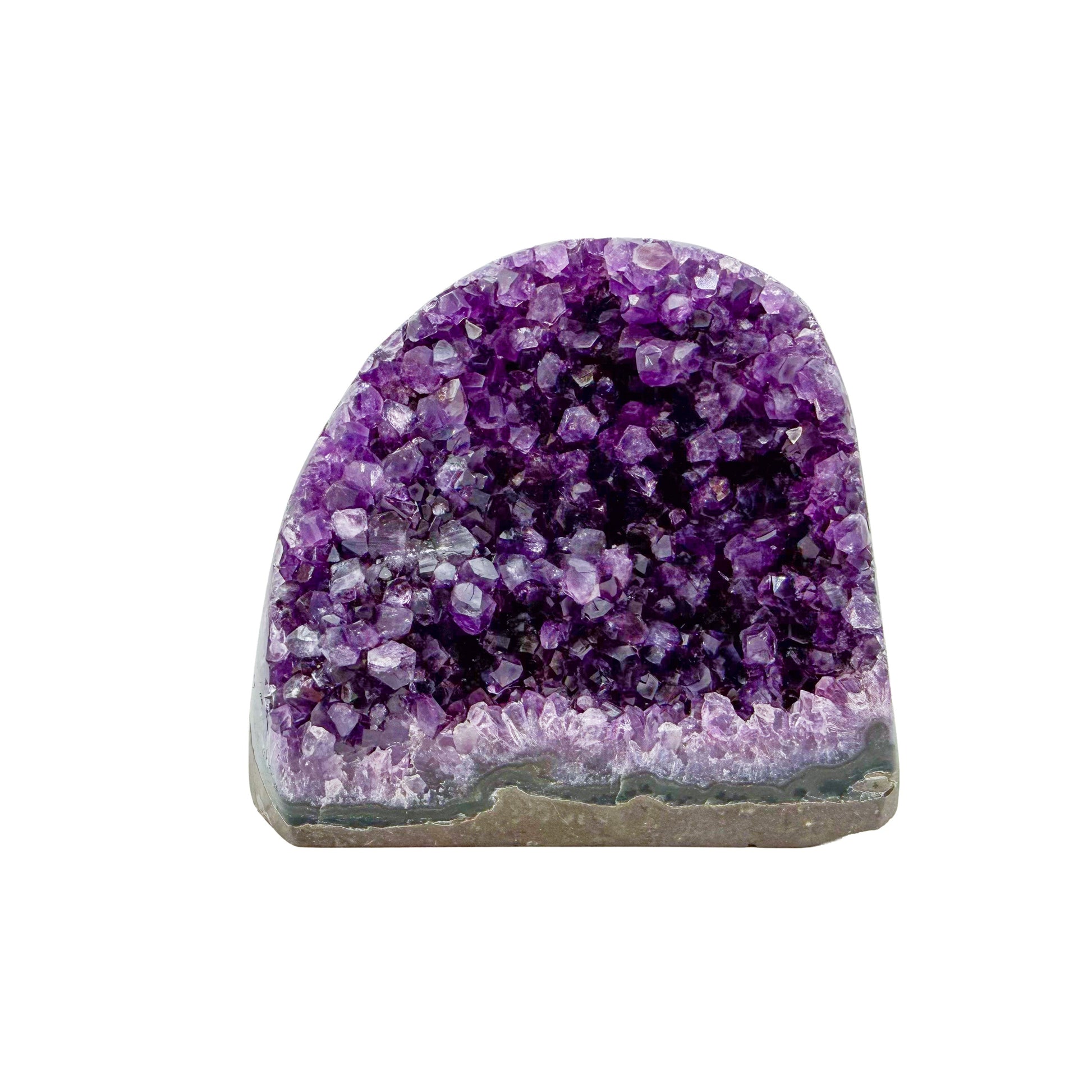 The primary crystal face of amethyst geode no. 124, 3.57 inches of violet druzy standing on a flat cut base.