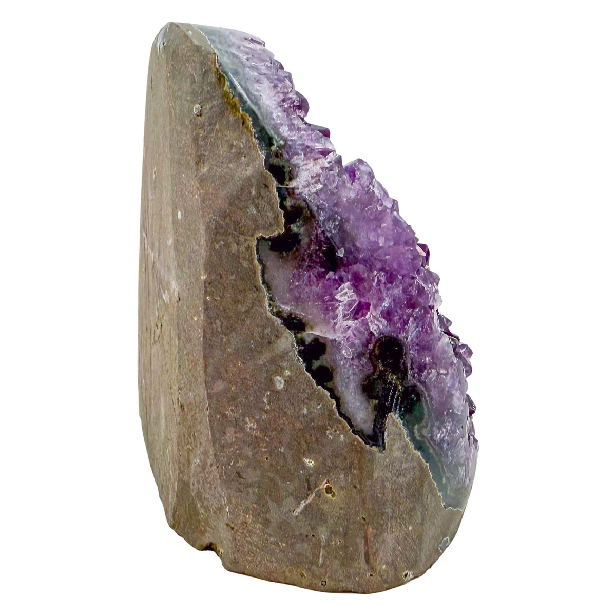 Uruguayan amethyst geode no. 124 at the right profile, violet crystal interior framed by its polished agate shell, 1.37 lb.