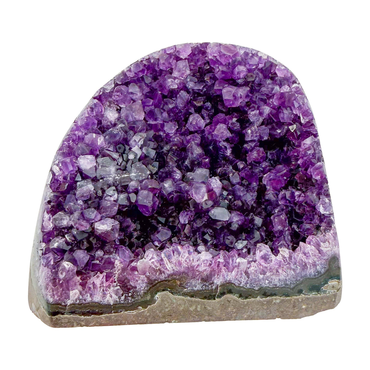 AA-grade amethyst polished geode no. 124 from Artigas, Uruguay, reverse side, violet druzy interior on a cut base, 3.57 inches tall.