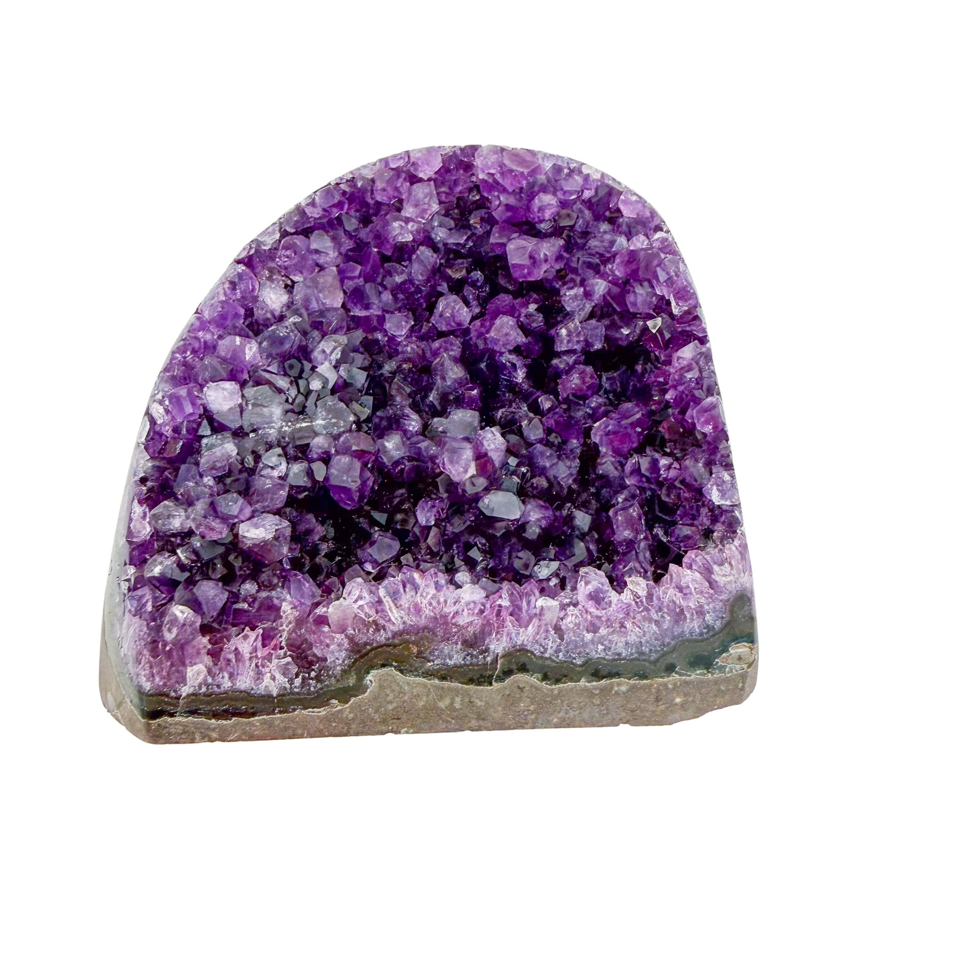 AA-grade amethyst polished geode no. 124 from Artigas, Uruguay, reverse side, violet druzy interior on a cut base, 3.57 inches tall.