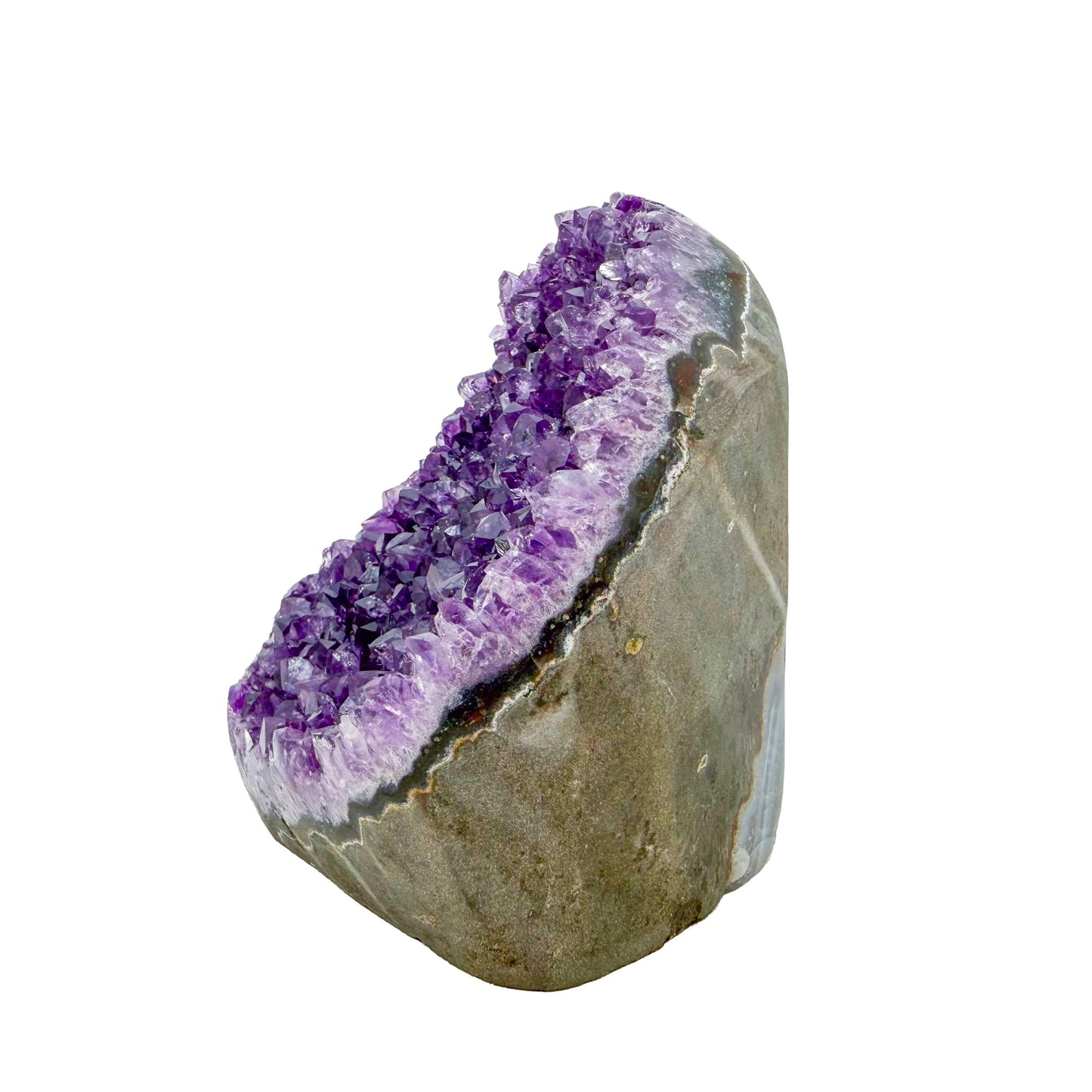 Angled three-quarter view of AA amethyst geode no. 125, 3.44 inches across the polished face, natural and untreated.