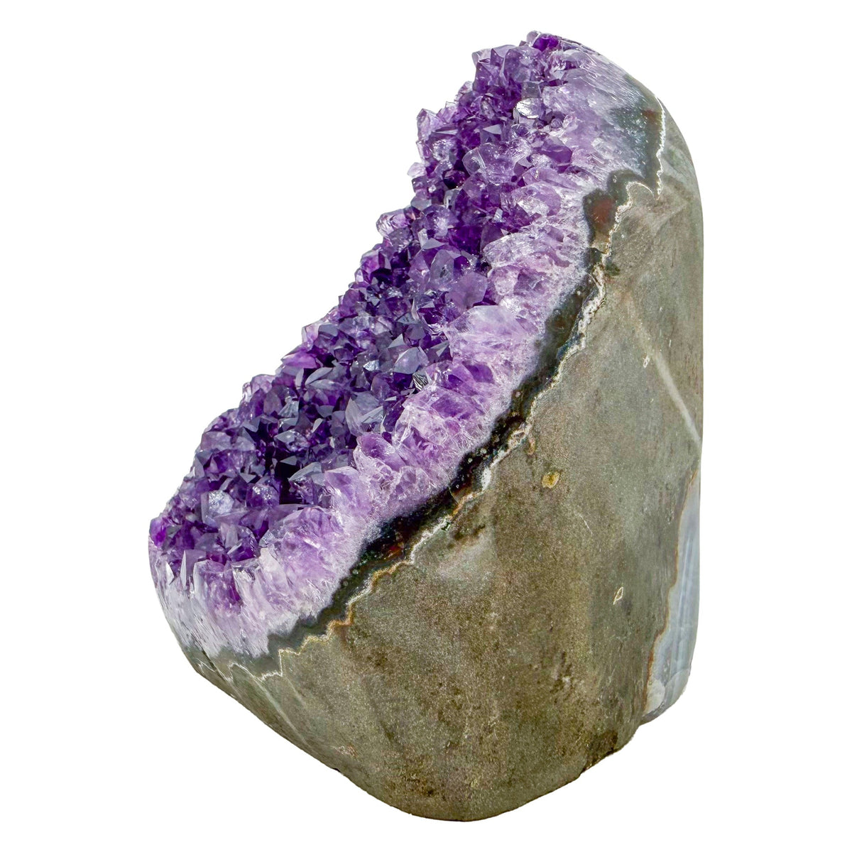 Angled three-quarter view of AA amethyst geode no. 125, 3.44 inches across the polished face, natural and untreated.