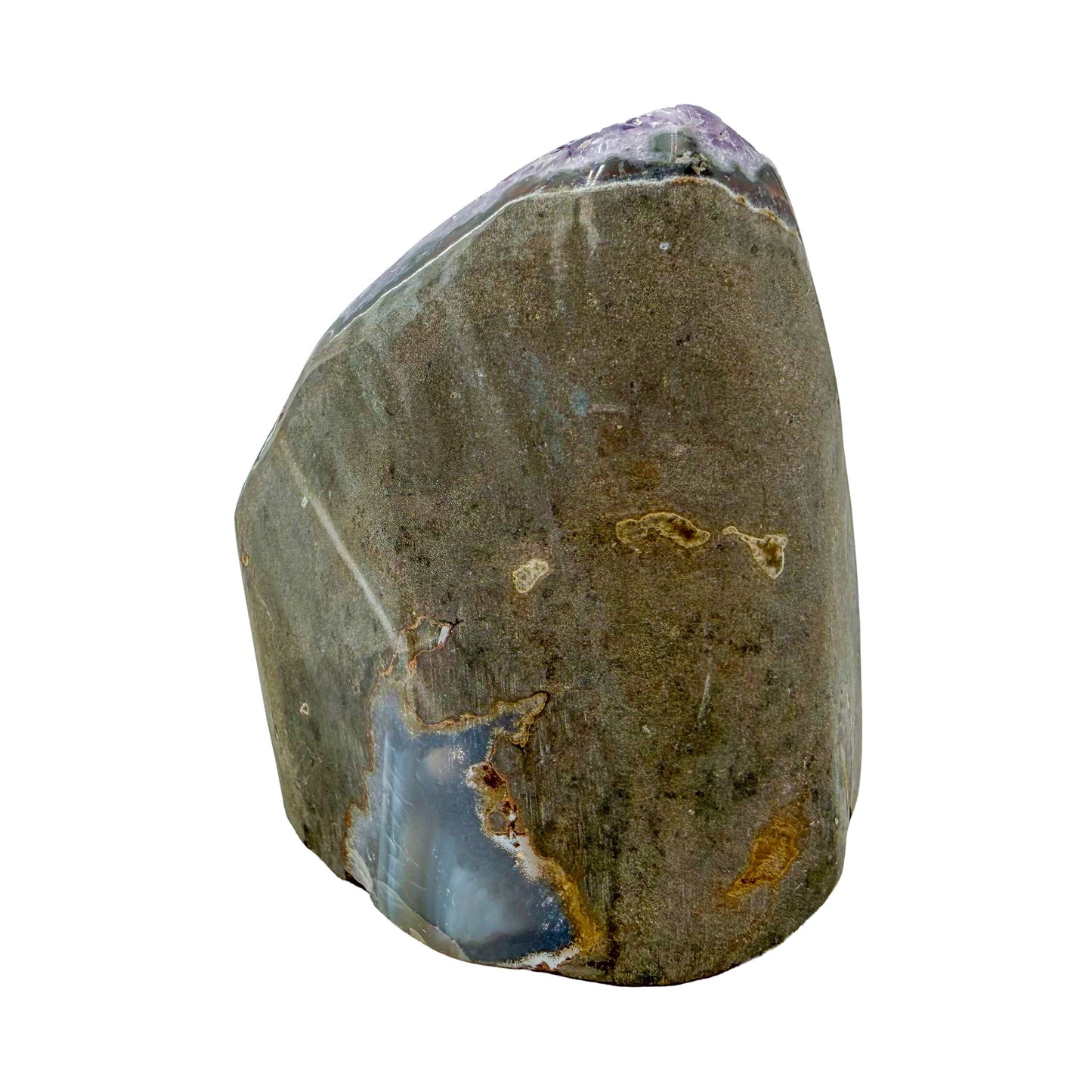 Uruguayan amethyst geode no. 125 at the left profile, violet crystal interior framed by its polished agate shell, 1.42 lb.