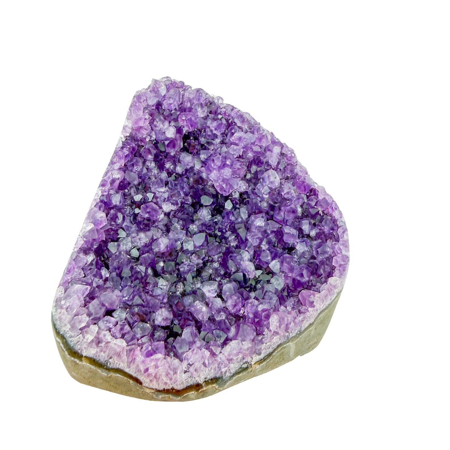 Reverse side of a 1.42 pound amethyst geode, no. 125, deep purple crystal lining a polished grey agate rind.