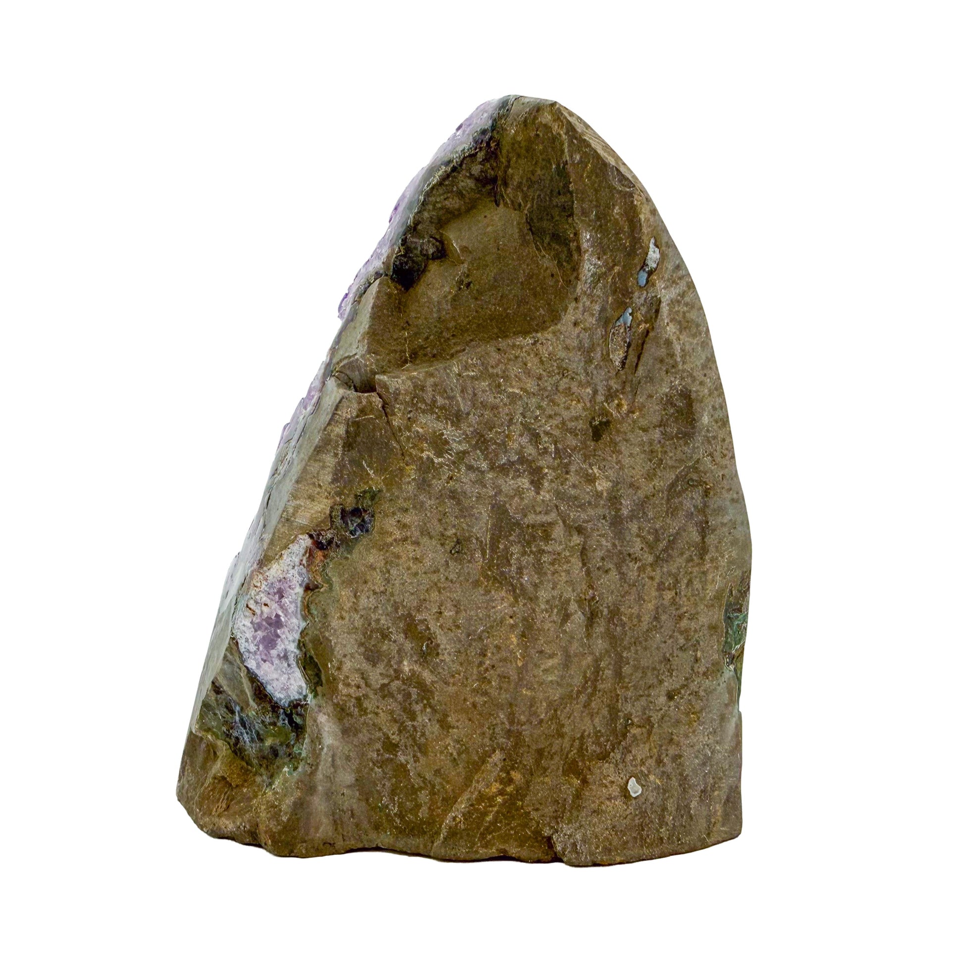 AA-grade amethyst polished geode no. 126 from Artigas, Uruguay, left profile, violet druzy interior on a cut base, 5.40 inches tall.