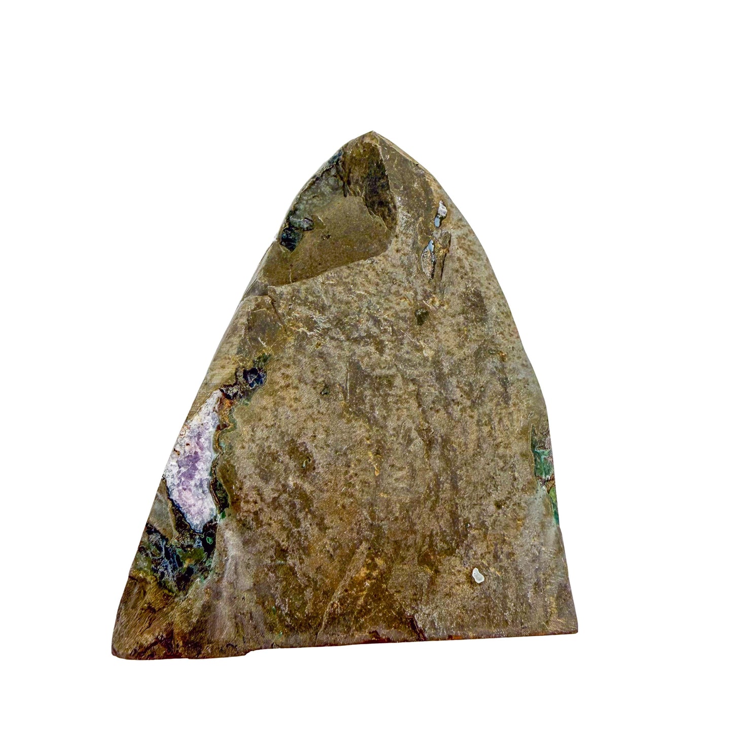 The top-down view of amethyst geode no. 126, 5.40 inches of violet druzy standing on a flat cut base.