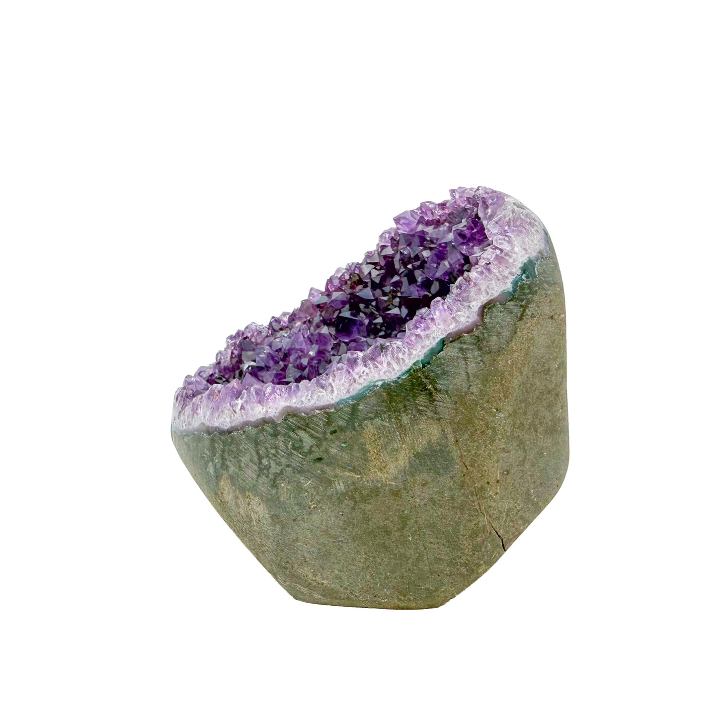 AA-grade amethyst polished geode no. 127 from Artigas, Uruguay, angled three-quarter view, violet druzy interior on a cut base, 3.03 inches tall.