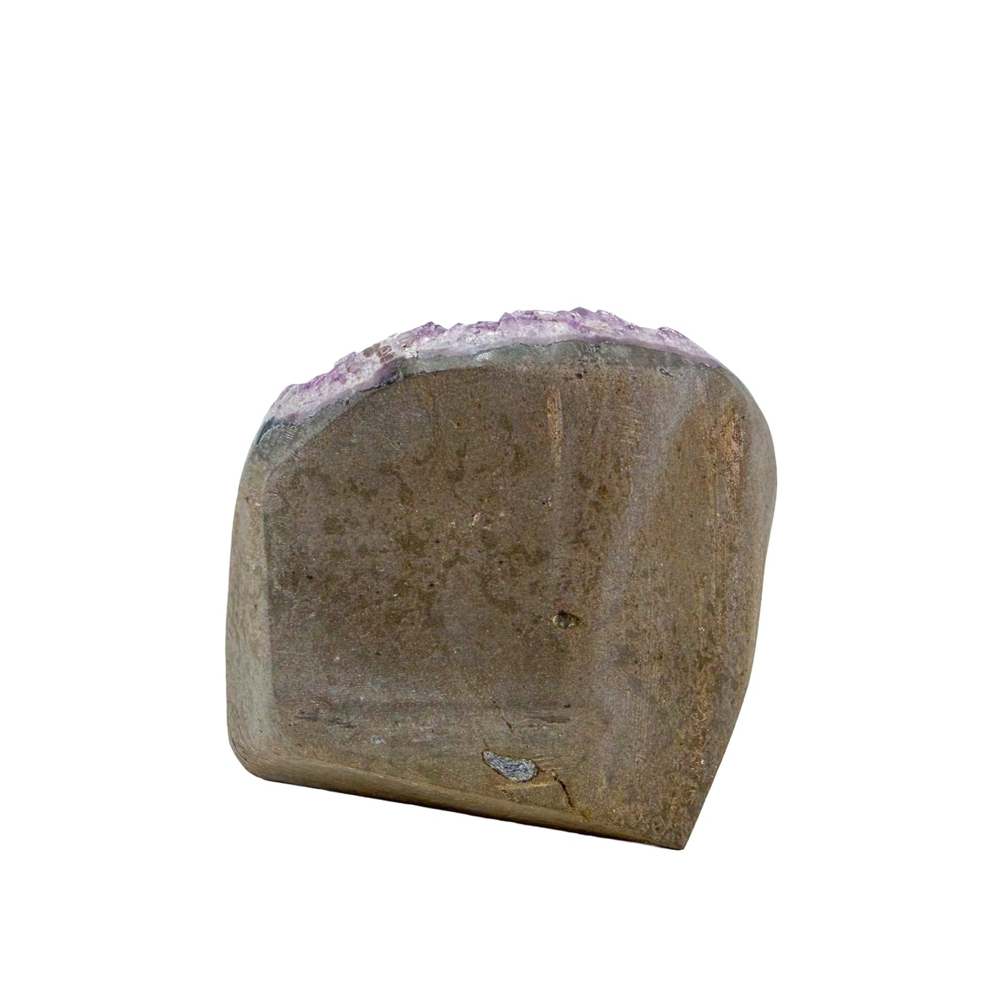 Left profile of a 1.33 pound amethyst geode, no. 127, deep purple crystal lining a polished grey agate rind.