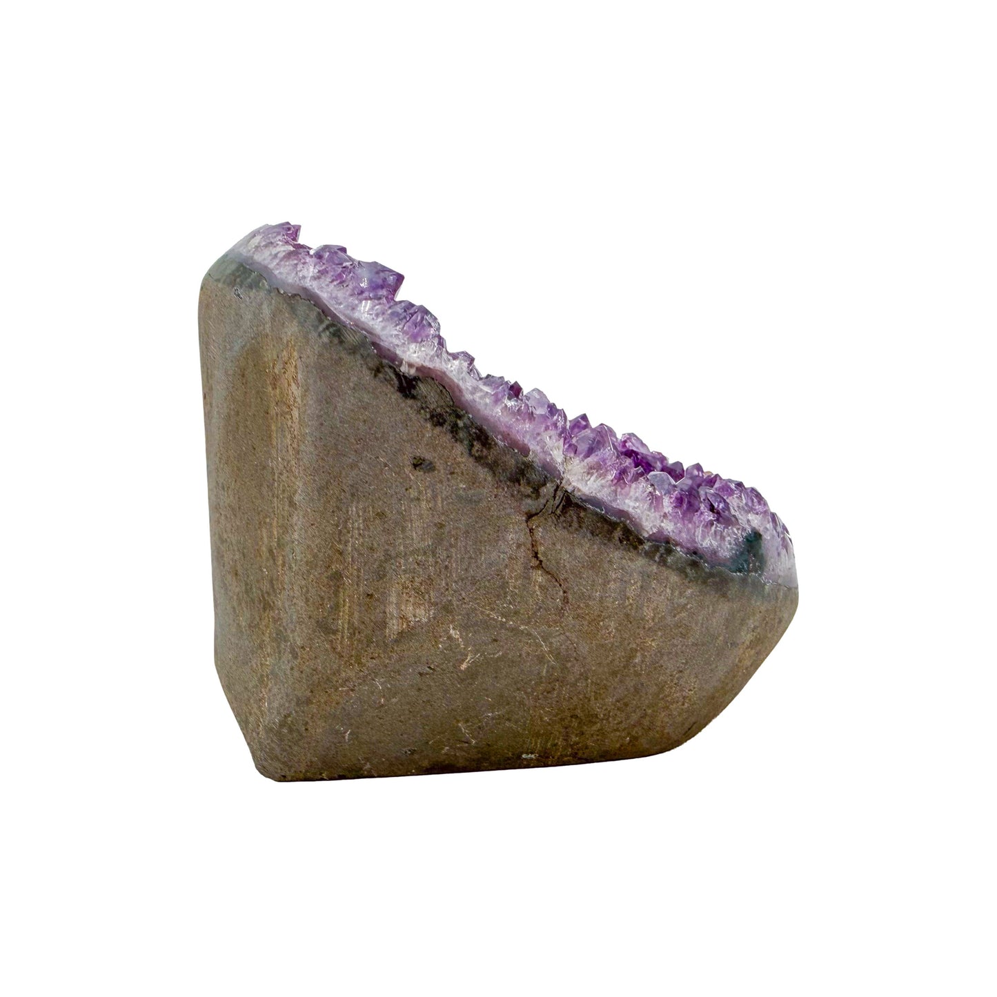 Polished amethyst geode no. 127 photographed at the right profile, measuring 3.47 by 3.31 by 3.03 inches, Uruguayan AA grade.