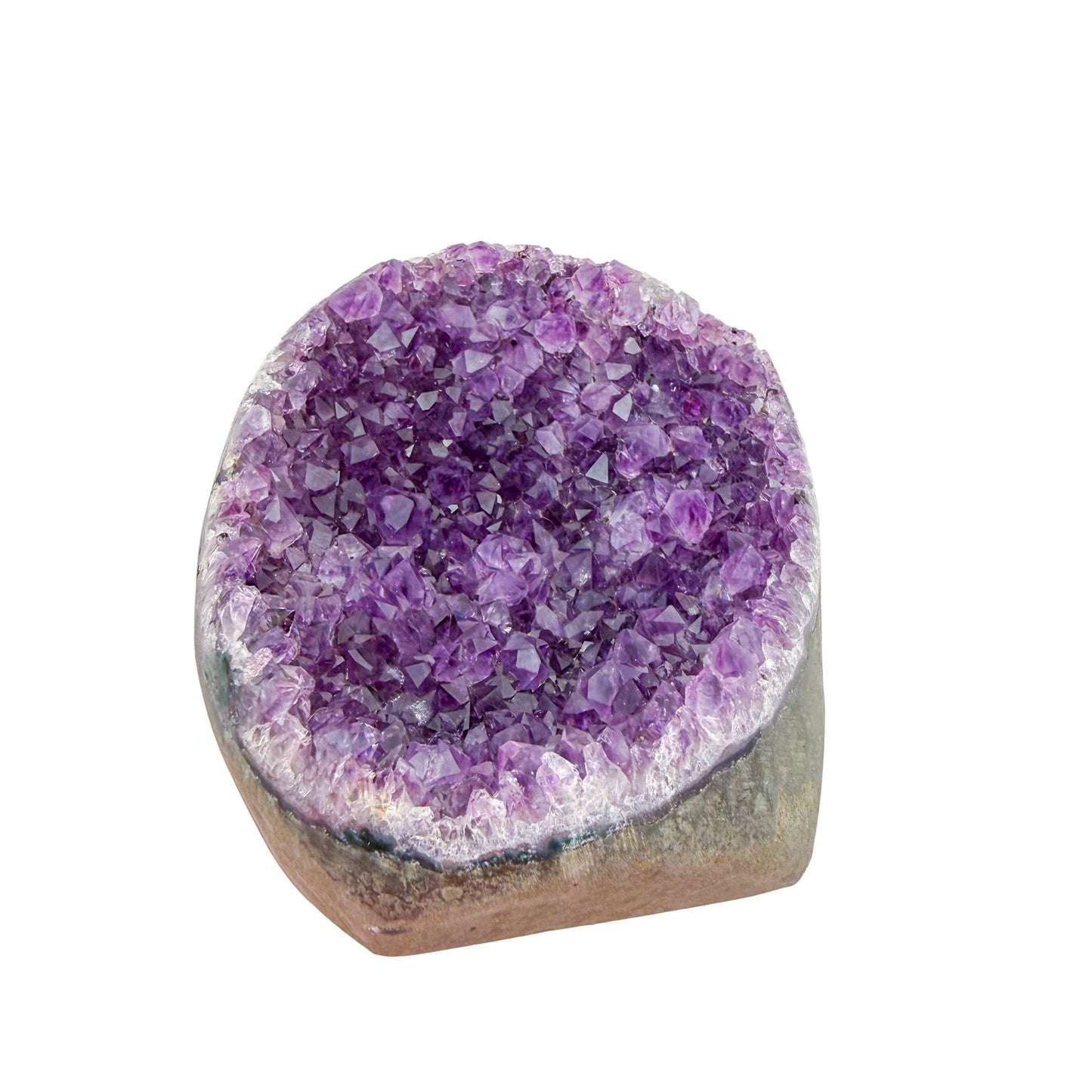 The reverse side of amethyst geode no. 127, 3.03 inches of violet druzy standing on a flat cut base.