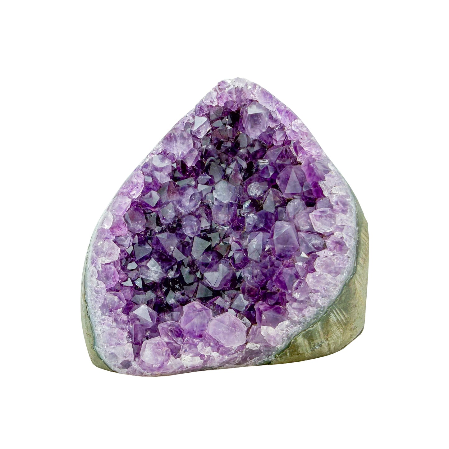 AA-grade amethyst polished geode no. 128 from Artigas, Uruguay, primary crystal face, violet druzy interior on a cut base, 3.66 inches tall.