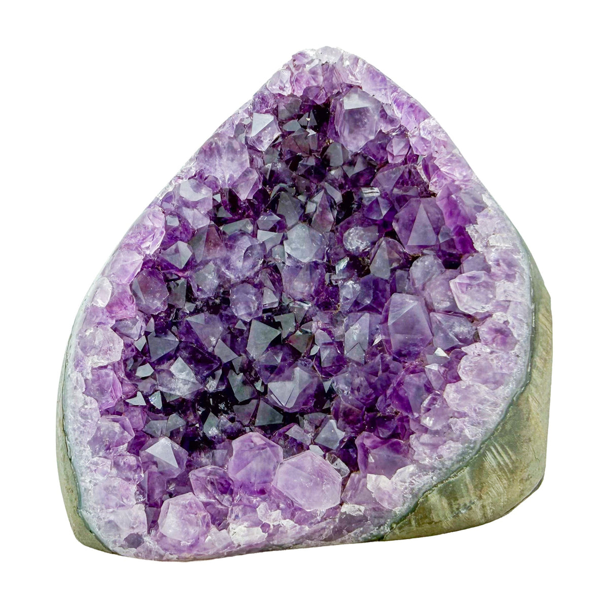 AA-grade amethyst polished geode no. 128 from Artigas, Uruguay, primary crystal face, violet druzy interior on a cut base, 3.66 inches tall.