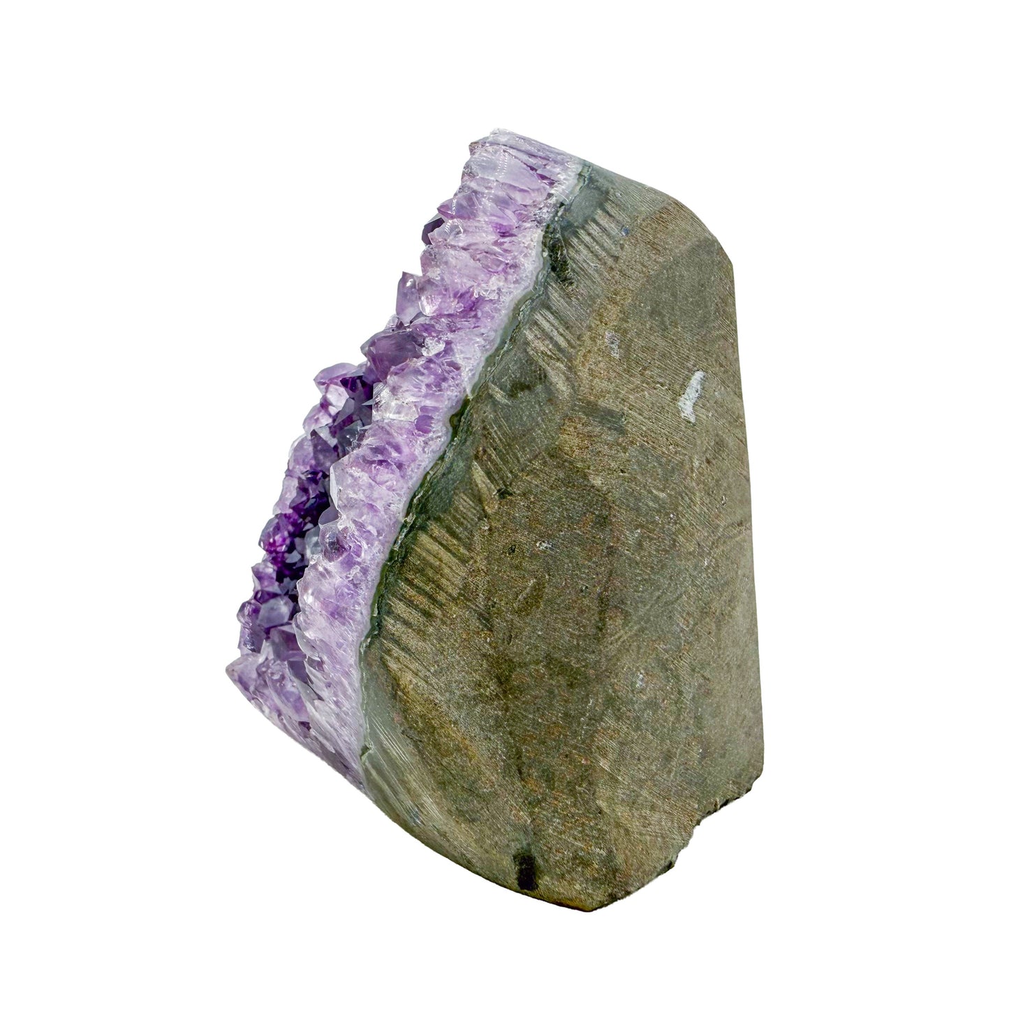 Angled three-quarter view of a 1.66 pound amethyst geode, no. 128, deep purple crystal lining a polished grey agate rind.