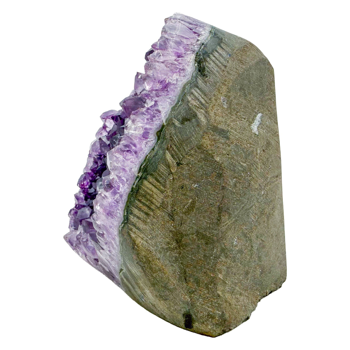 Angled three-quarter view of a 1.66 pound amethyst geode, no. 128, deep purple crystal lining a polished gray agate rind.