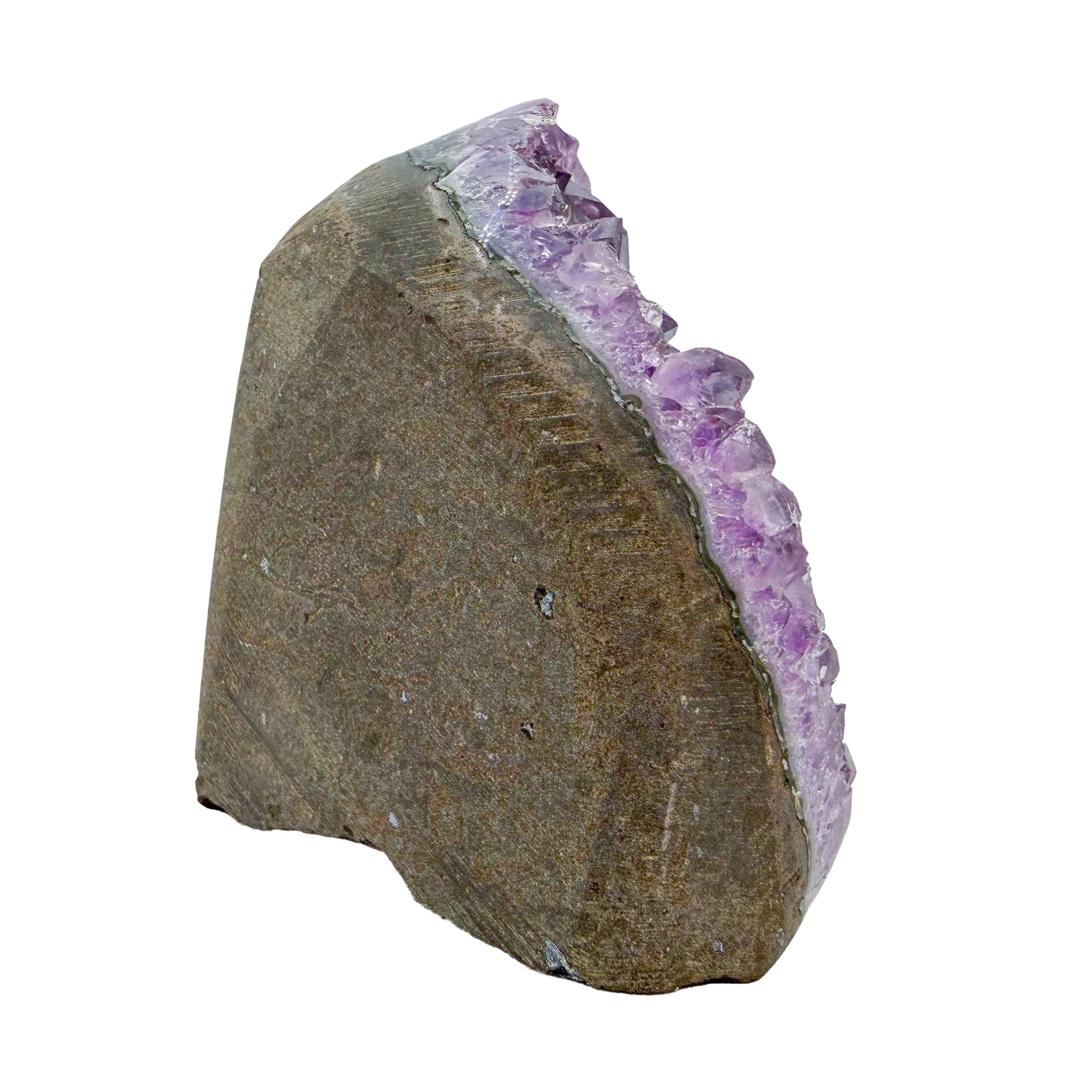 The right profile of amethyst geode no. 128, 3.66 inches of violet druzy standing on a flat cut base.